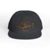 Black baseball cap with a golden fish design on the front.