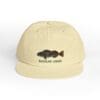 Beige cap with a black fish graphic and text.