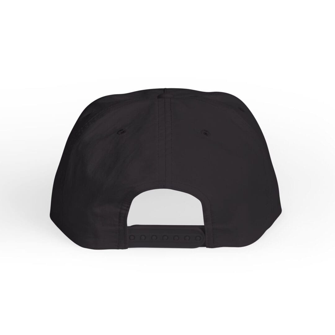 Back view of a black baseball cap with an adjustable strap.