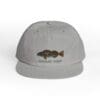 Gray baseball cap with a fish illustration and text.