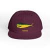 Maroon cap with a yellow-green fish design and text.