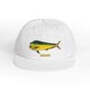 White cap with a colorful fish graphic and the word 'holograph' embroidered.