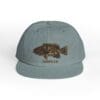Gray snapback cap with a fish graphic and text.