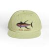 Light green cap with a colorful fish embroidery and text.