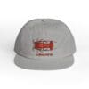 Gray baseball cap with red graphic and text.