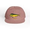 A pink cap featuring a colorful fish design on the front.