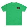 Bright green T-shirt with a small logo patch on the chest.