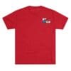 Red T-shirt with a small graphic on the chest pocket area.
