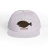 White cap with a brown fish and text logo embroidered on the front.