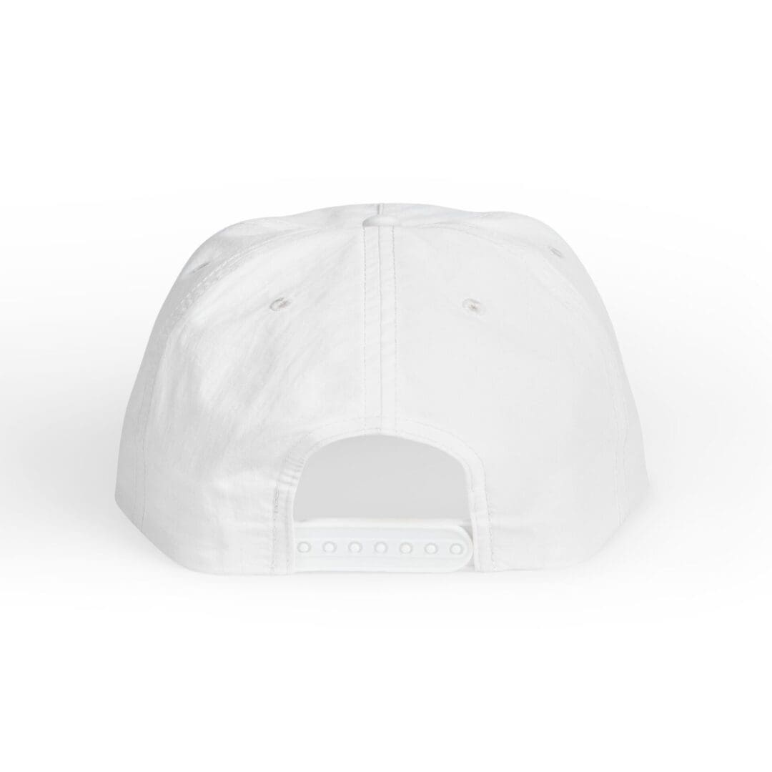 Back view of a white baseball cap on a plain background.