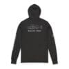 Black hoodie with white text on chest and sleeve.