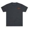 Dark gray t-shirt with a small orange logo on the chest.