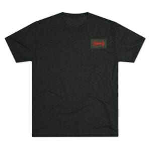 Black t-shirt with a small red graphic on the chest.