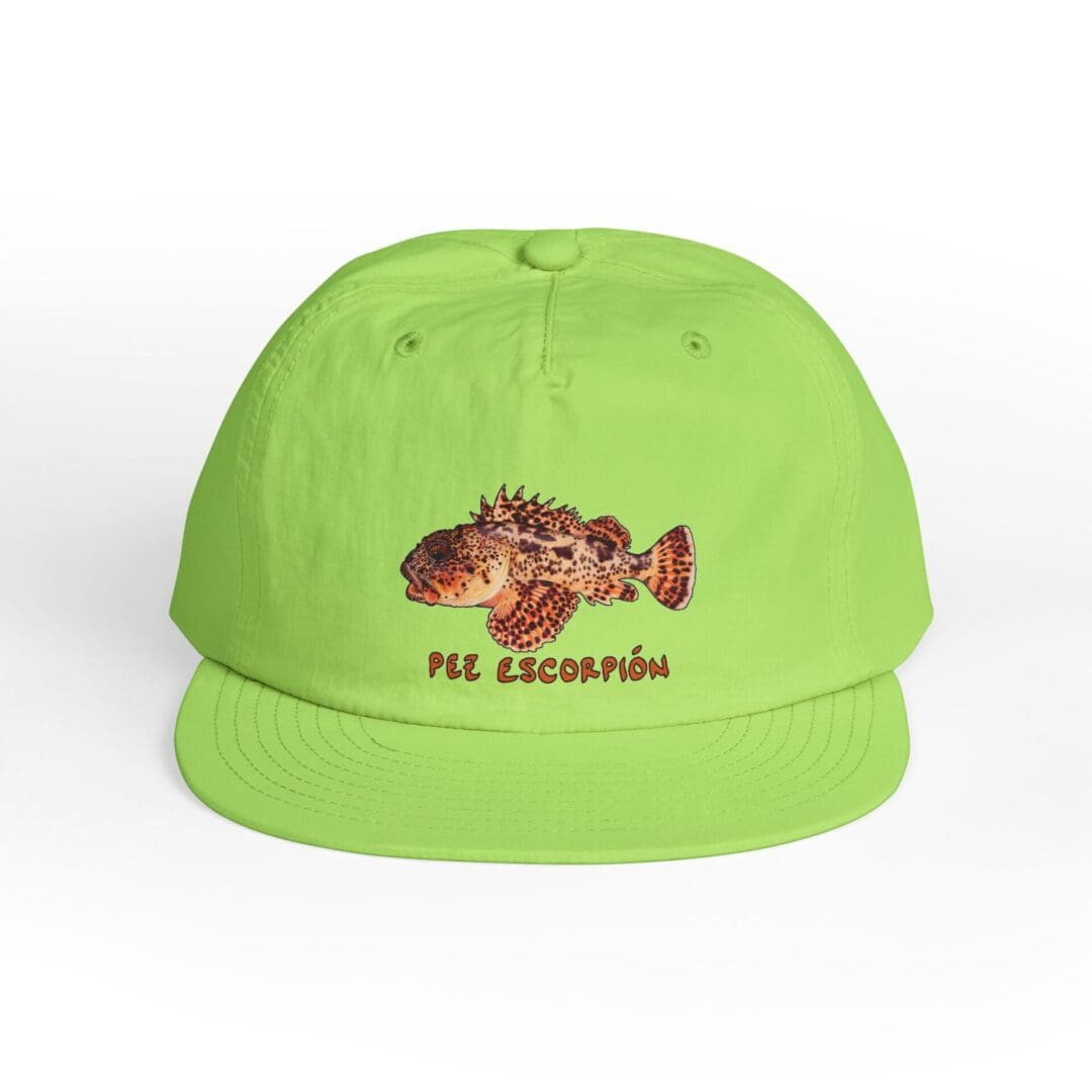 Bright green cap with a colorful fish embroidery on the front.
