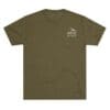 Olive green T-shirt with small white text on the chest.