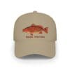 Beige baseball cap with a red fish and 'MAD FISH' text embroidery.