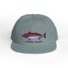 Gray baseball cap with a colorful fish graphic and text.