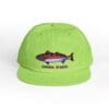 Green baseball cap with fish embroidery and text.