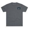 Dark gray T-shirt with a small rectangular logo on the chest pocket area.