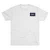 Plain white t-shirt with a small rectangular logo on the chest.