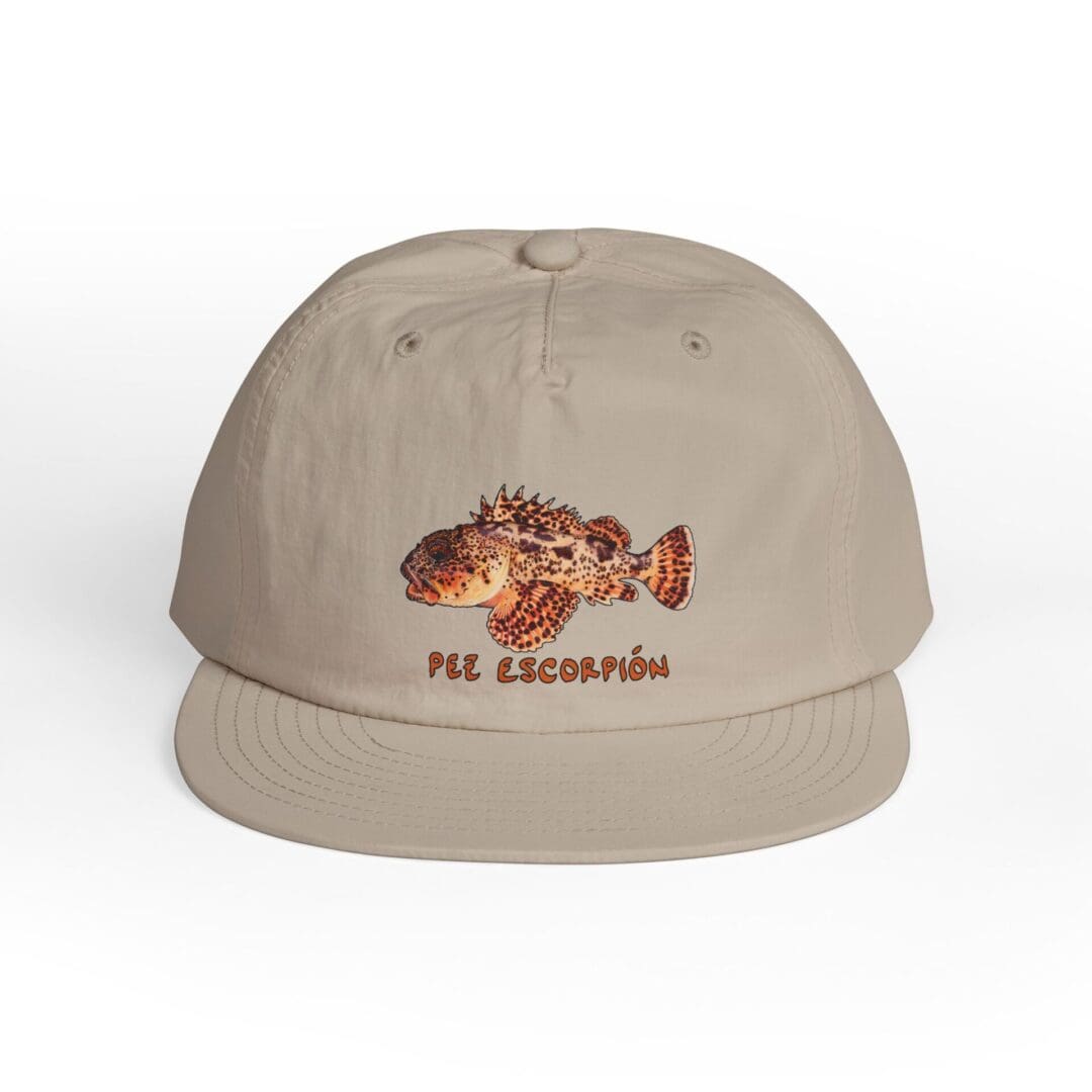 Beige cap with embroidered fish and "FISH CATCHER" text.