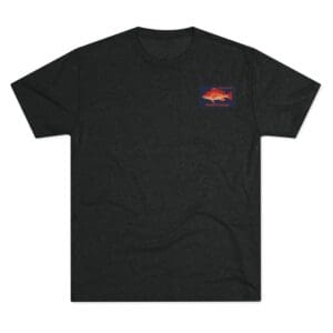 Black T-shirt with a small red and white logo on the chest.