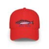 Red cap with a fish embroidered on the front.