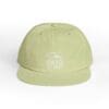 Light green cap with embroidered text and symbols on front.