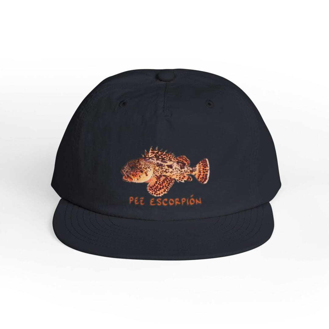 Black cap with a colorful embroidered seahorse design.