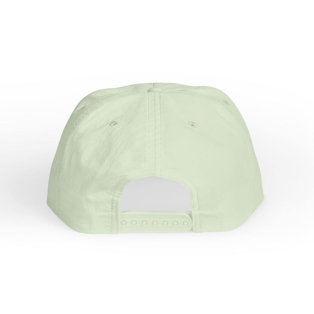 Back view of a light green baseball cap with an adjustable strap.