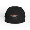 Black snapback cap with colorful stitched design on front.