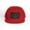 Red baseball cap with a black patch featuring a fish design.