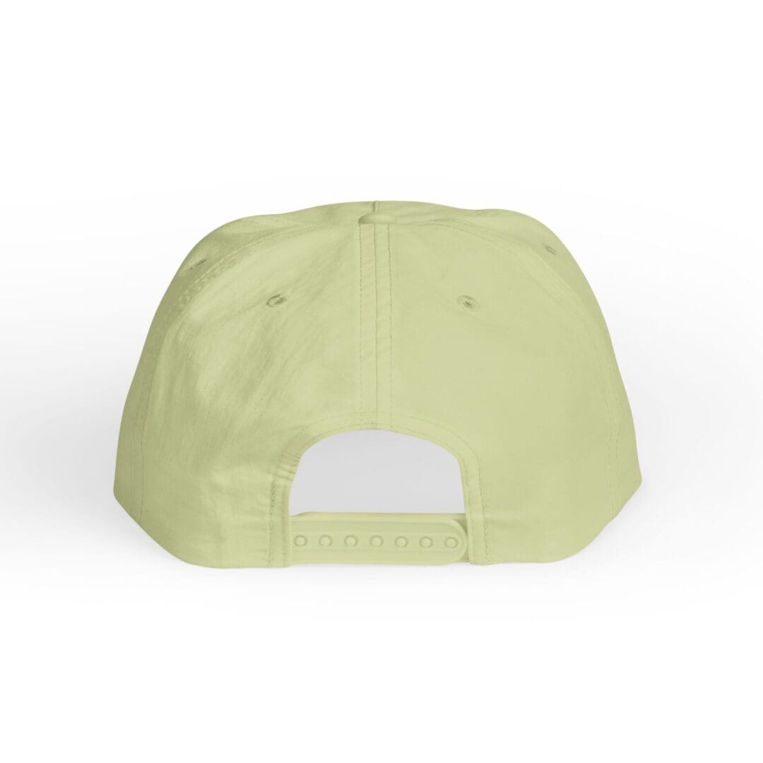 Back view of a light green baseball cap with an adjustable strap.