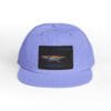 A purple cap with a black and colorful rectangular patch on the front.