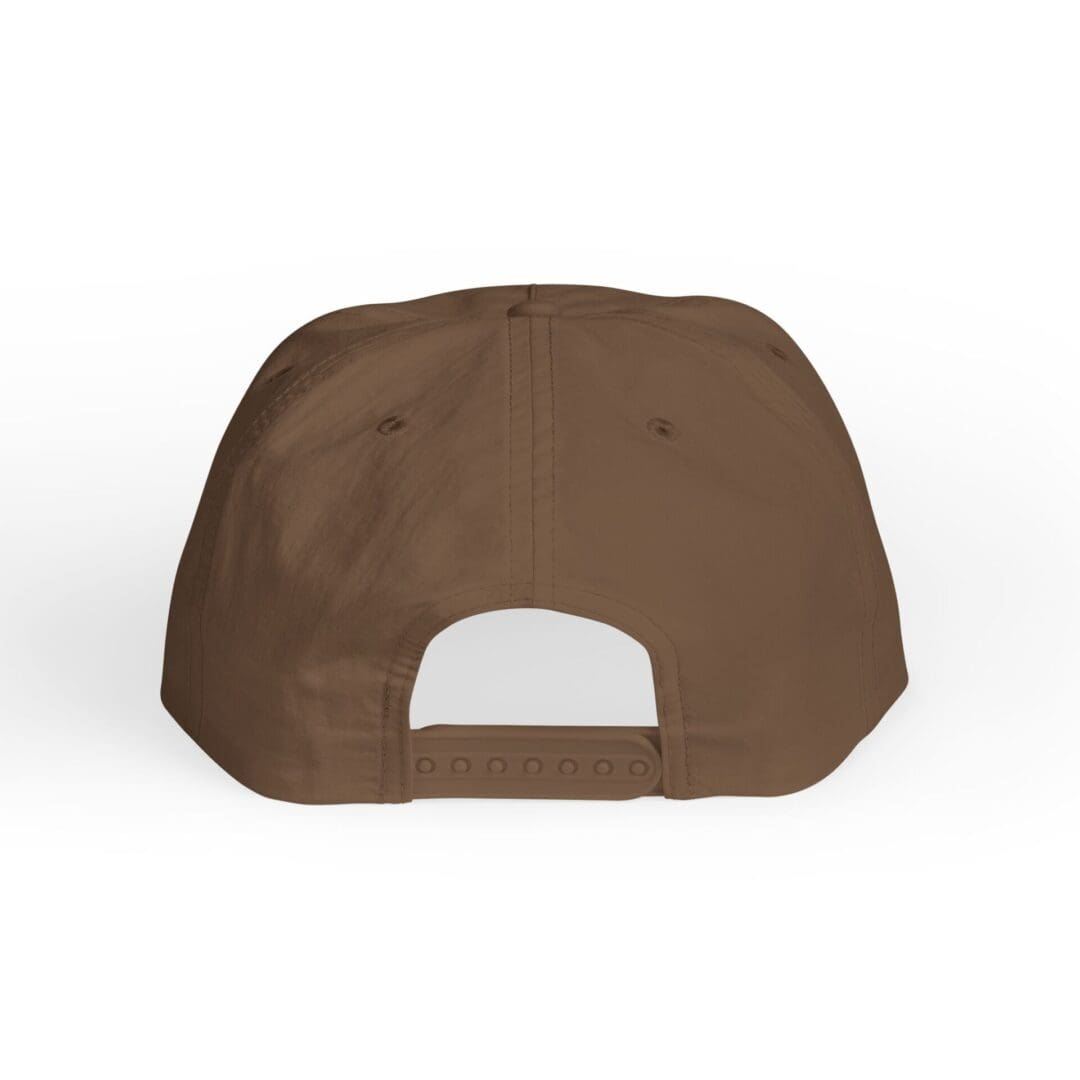 Brown baseball cap shown from the back with an opening and adjustable strap.