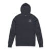Black hooded sweatshirt with a small white logo on the chest.