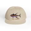 Beige cap with colorful fish graphic and text.