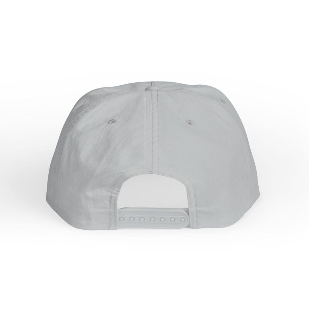 Back view of a plain gray baseball cap with adjustable strap.