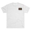 White t-shirt with a small rectangular logo on the left chest.
