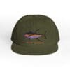 Olive green cap featuring a colorful fish embroidery on the front.