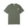 Plain olive green T-shirt with a small white graphic on the chest.