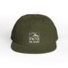 Olive green baseball cap with a rectangular logo patch.