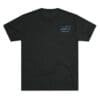 Black T-shirt with a small blue and white text design on the chest.