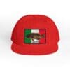 Red cap with a Mexican flag patch and a fish design.