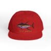 Red baseball cap with a colorful fish embroidery on the front.