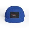 Blue baseball cap with a black rectangular patch and logo.