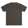 Dark gray t-shirt with a small rectangular patch on the chest.