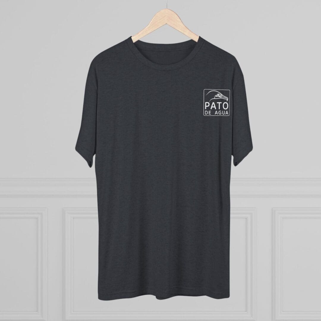 Black t-shirt with a small white logo on the chest.