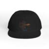 Black cap with a subtle orange and blue abstract design on the front.