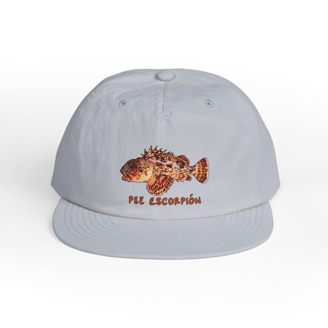 Light grey cap with a detailed fish embroidery on the front.